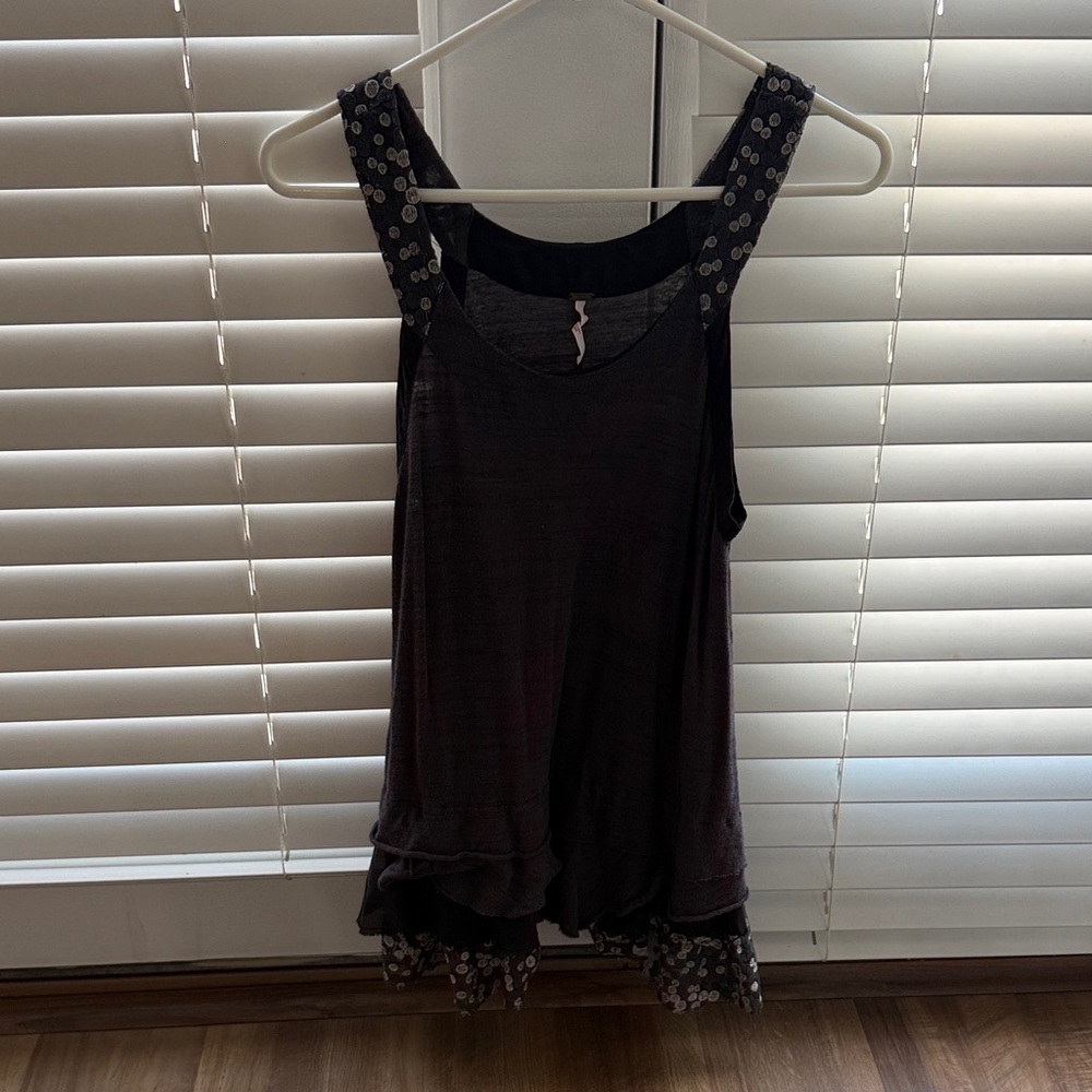 Free People Black Tank Top with Floral Trim